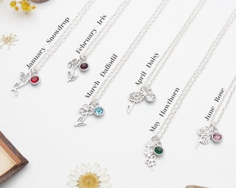 Birth Flower Necklaces with Birthstone - Gift for her. Birth Month Necklace. Birthday Gift. Mothers Day Gift.