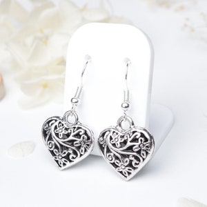 Filigree Heart Earrings - Bridal Jewellery, Delicate, Hypoallergenic Sterling Silver Drop Earrings