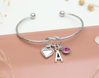 Personalised Heart Initial & Birthstone Silver Bangle Bracelet – Friendship Knot