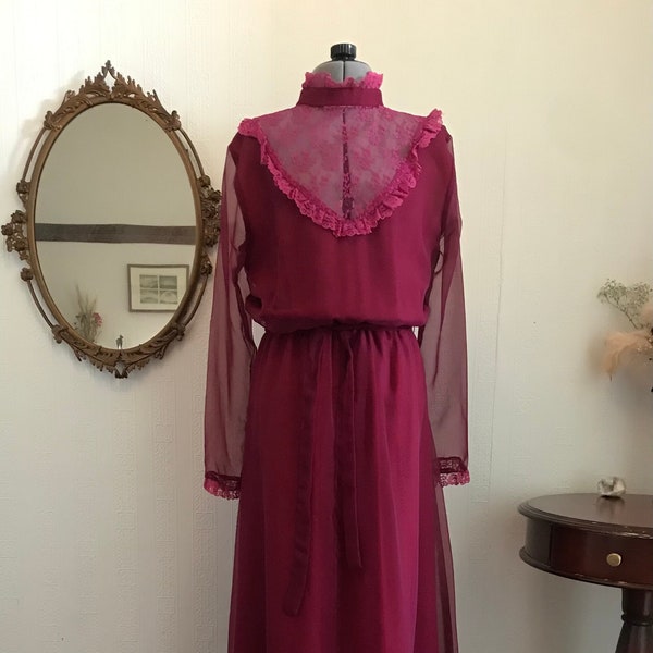 1970s Victorian burgundy maxi dress with lace décolleté, S/M