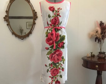 1960s white linen sundress with roses, XS/S