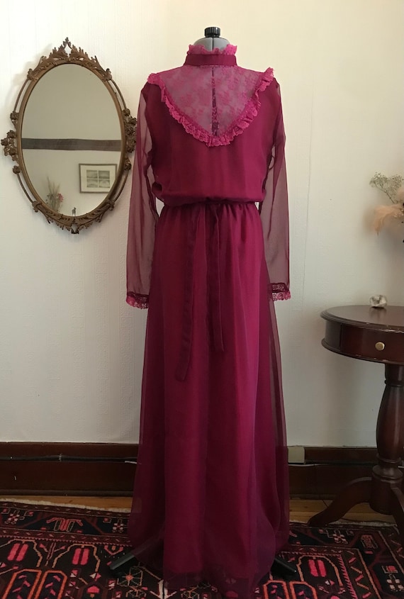 1970s Victorian burgundy maxi dress with lace déco