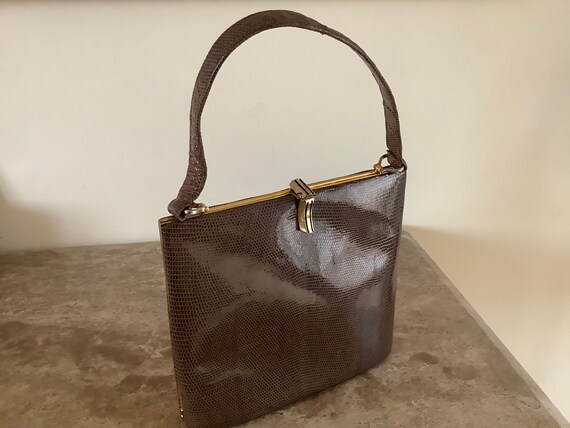 Vintage reptile print handbag, shiny beige. - image 1