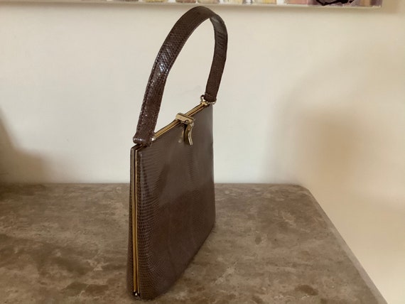 Vintage reptile print handbag, shiny beige. - image 3