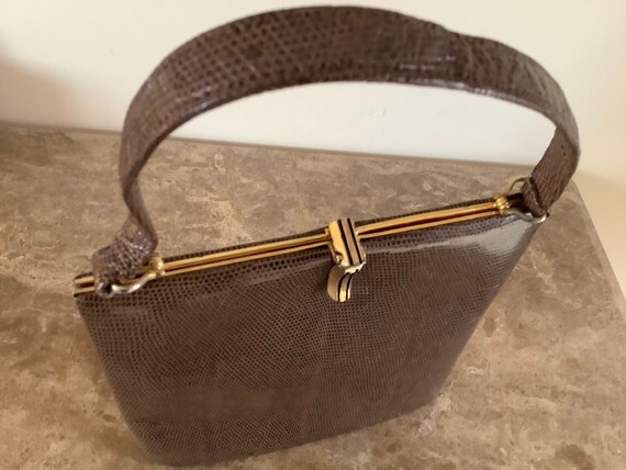 Vintage reptile print handbag, shiny beige. - image 7