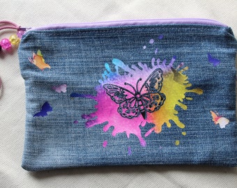 Upcycling / Federmäppchen / Schlampermäppchen / Kosmetiktasche/ Unikat/ Handmade " Jeans BUTTERFLY "