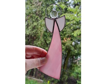 Pink stained glass angel, gift for mom, window decoration, Christmas decorations, Christmas decorations, sun catcher, Tiffany method
