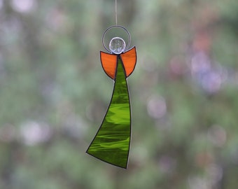 Green & Orange Stained Glass Angel, Christmas Ornament, Christmas Decorations, Tiffany Method, Sun Catcher, Hanging Angel from HandmadeBeArt