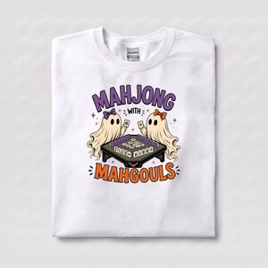Halloween Mahjong Shirt with Ghosts, Mahgouls Graphic Tee, Spooky Game Night Top White