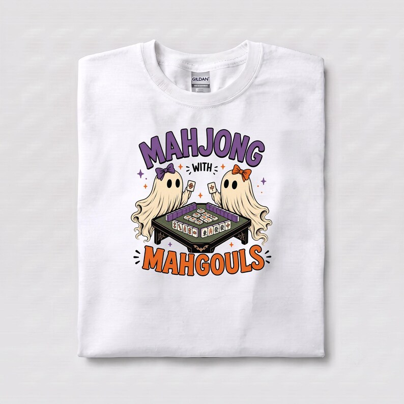 Halloween Mahjong Shirt with Ghosts, Mahgouls Graphic Tee, Spooky Game Night Top White