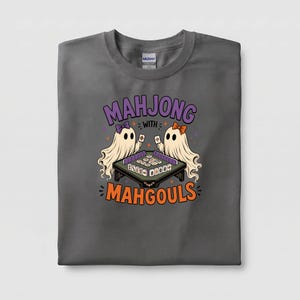 Halloween Mahjong Shirt with Ghosts, Mahgouls Graphic Tee, Spooky Game Night Top Charcoal