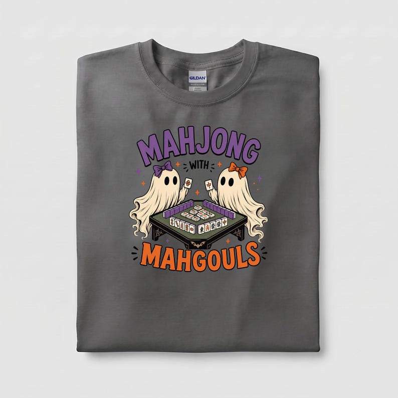Halloween Mahjong Shirt with Ghosts, Mahgouls Graphic Tee, Spooky Game Night Top Charcoal