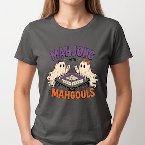 Halloween Mahjong Shirt with Ghosts, Mahgouls Graphic Tee, Spooky Game Night Top Charcoal