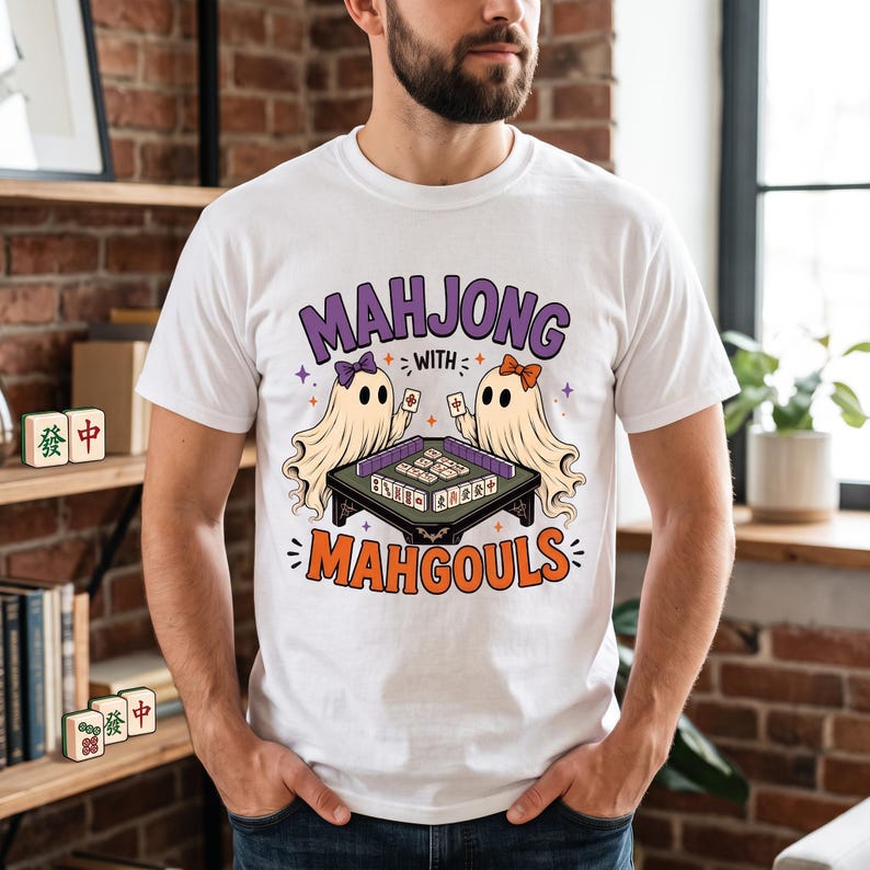 Halloween Mahjong Shirt with Ghosts, Mahgouls Graphic Tee, Spooky Game Night Top White