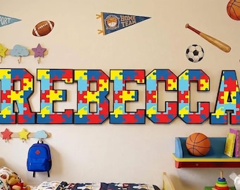 Custom Puzzle Piece Autism Awareness Wooden Name Sign – Kid’s Nursery or Playroom Wall Art