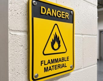 May include: A rectangular safety sign with a yellow and black color scheme. The top section features the word DANGER in raised black letters. The center displays a black flame icon inside a yellow triangle. The bottom text reads FLAMMABLE MATERIAL.