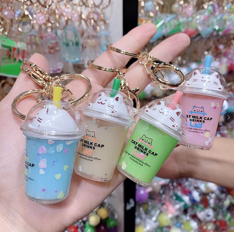 Boba Milk Tea Keychain Cat Milk Cap Series Moving Liquid and Etsy