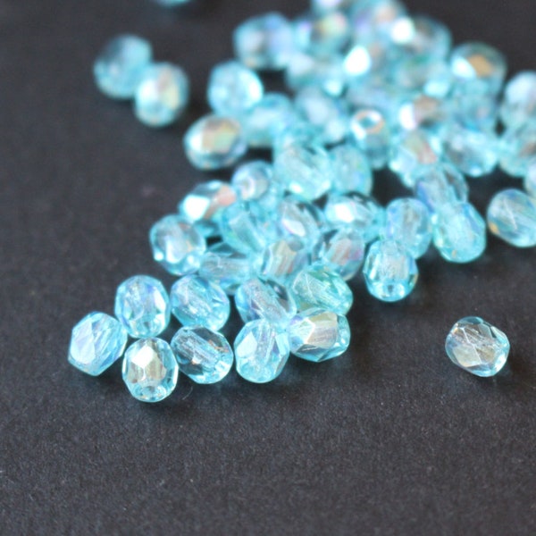 Fire-polished Faceted Round Czech Glass Beads 4mm/50pcs aqua AB