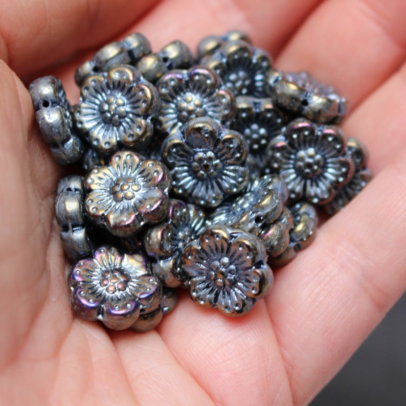 Czech pressed glass flower beads 14mm/5pcs black with brown Etsy