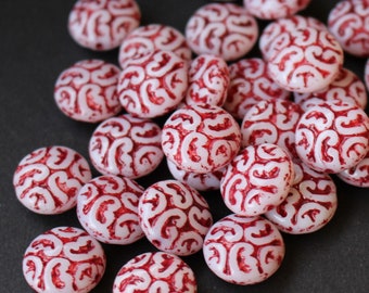 Czech Glass Lentil Beads With Ornament 14mm/5pcs white, red