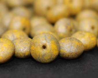 BIG PACK, Czech Glass Beads 9mm/20pcs, Round Rondelle, Etched, Opaque Yellow, Teracotta