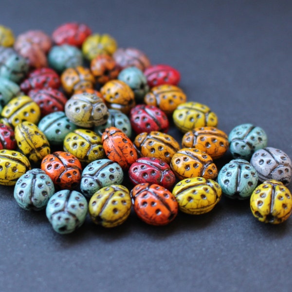 Czech Glass Ladybug Beads 9*7mm/10pcs mix, black