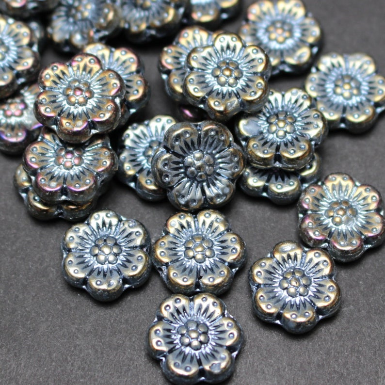 Czech pressed glass flower beads 14mm/5pcs black with brown Etsy