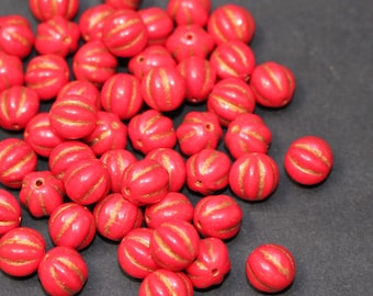 Czech Glass Beads Melon 8mm/20pcs, Red with Bronze Washed