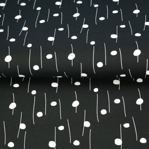 Peut inclure: Tissu noir avec un motif répétitif de points blancs et de lignes verticales. Le motif présente une série de points blancs reliés par de fines lignes blanches sur fond noir. Le tissu est plié, montrant la texture et le drapé.