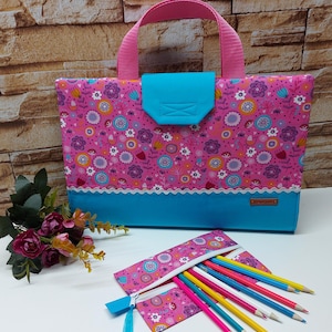 Sac à peinture, sac à dessin, chemise à peinture, trousse à crayons, chemise créative pour enfants - rangement pour tous les ustensiles de peinture - prairie fleurie rose/turquoise