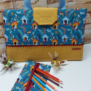 Borsa per l'arte, astuccio per disegnare, cartella per l'arte, portapenne, cartella creativa per bambini - contenitore per tutti i materiali artistici - casetta per uccelli