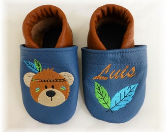 Krabbelschuhe Hausschuhe Babyschuhe Lederpuschen/Lauflernschuhe , Hausschuhe Indianer-Bär mit Namen