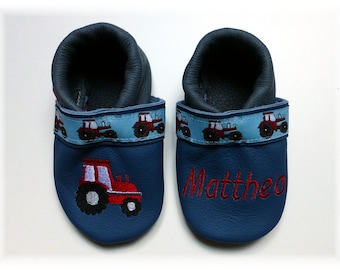 Leather slippers "Tractor" with woven ribbon and name