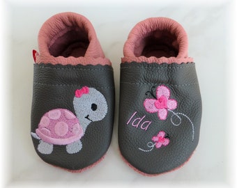 Leather slippers first walkers "little turtle" with name