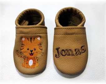 Krabbelschuhe, Babyschuhe , Lederpuschen Sale !! Einzelstück !!!Baby Krabbelschuhe Lauflernschuhe Tiger mit Namen Jonas