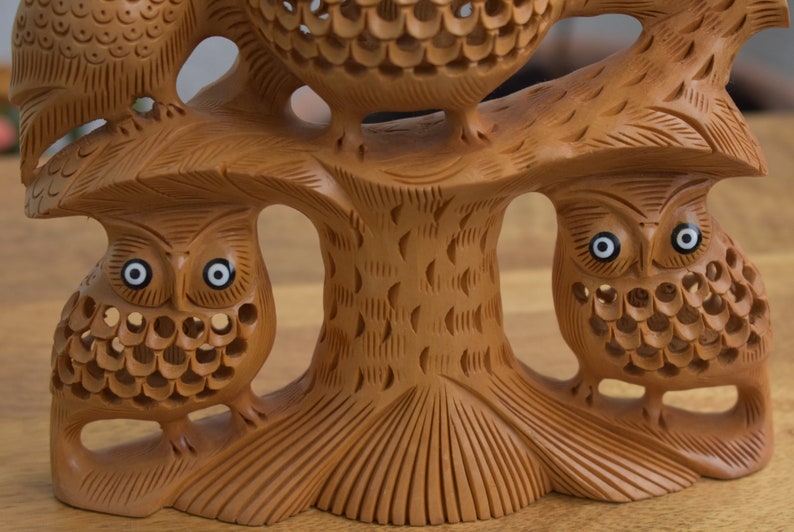 Wooden Hand Carved Good Luck Symbol Owl With Family Indian Etsy UK