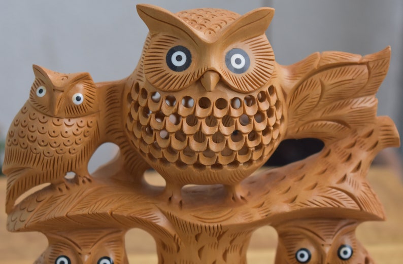 Wooden Hand Carved Good Luck Symbol Owl With Family Indian Etsy
