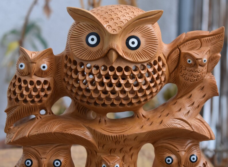 Wooden Hand Carved Good Luck Symbol Owl With Family Indian Etsy