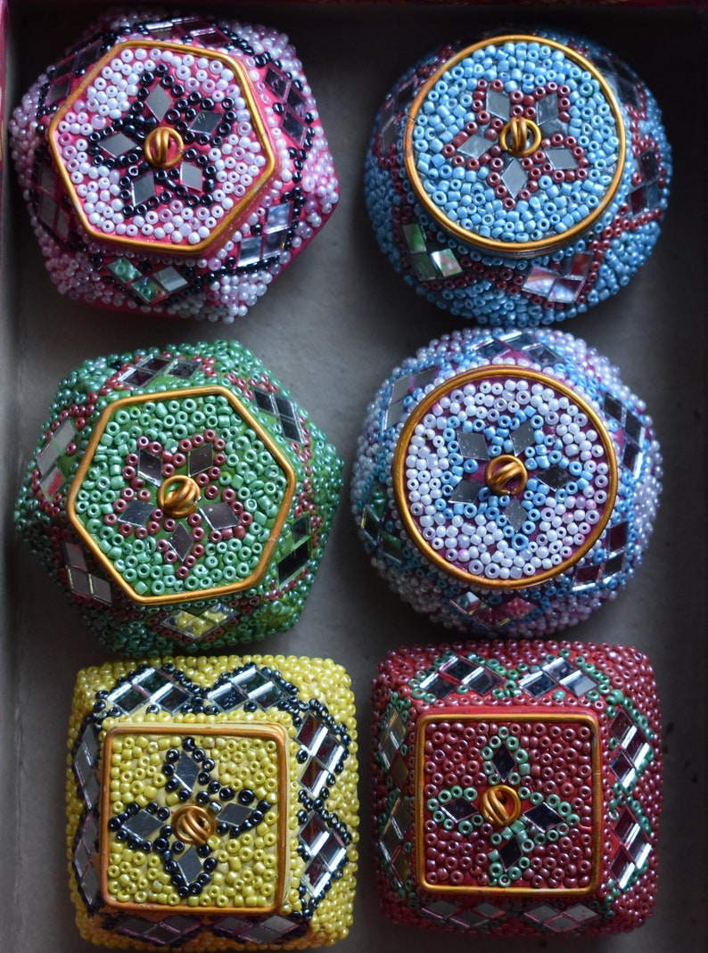Indian handicraft Lac small pot for small jewellery or homeoffice decor Different colours and shapes in one box. pack of 6