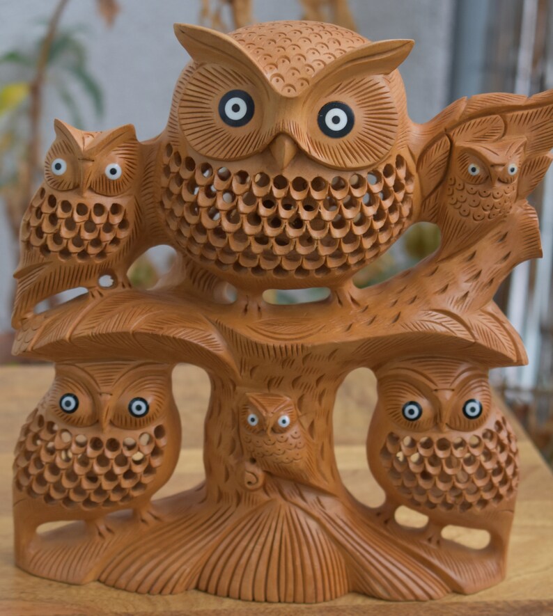 Wooden Hand Carved Good Luck Symbol Owl With Family Indian Etsy UK