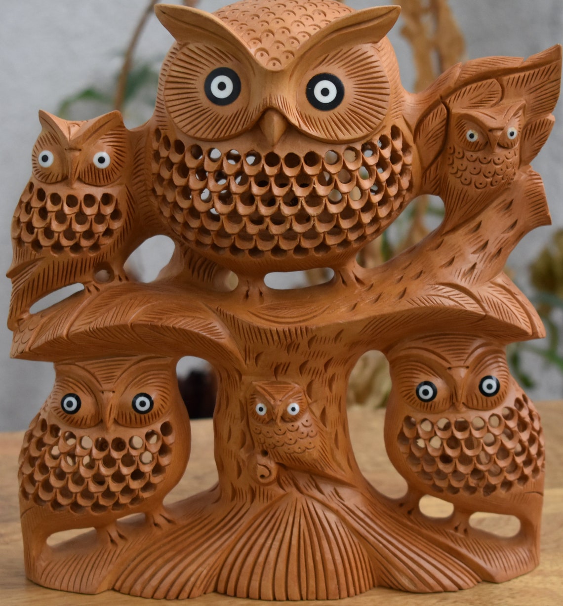 Wooden Hand Carved Good Luck Symbol Owl With Family Indian Etsy UK