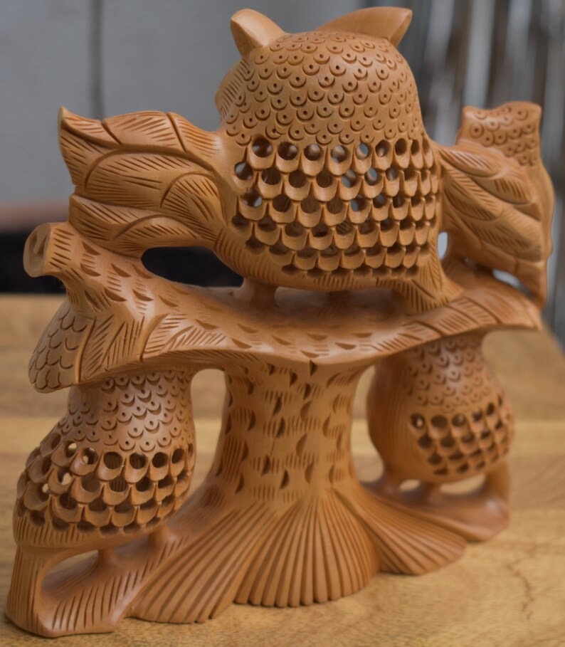 Wooden Hand Carved Good Luck Symbol Owl With Family Indian Etsy UK