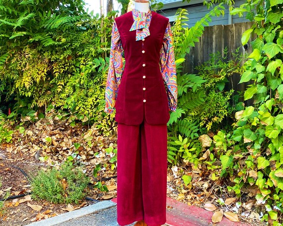 1970s Vanity Fair Maroon Velvet Pant Suit/Dress Se