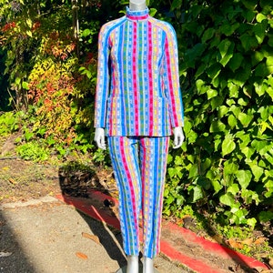 1960s Rainbow Wool 2 Piece Top & Flares Ensemble