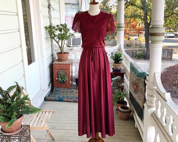 Vintage 70s Red Wine Flutter Sleeve Maxi Dress
