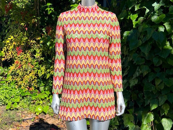 1960s Jr Aim Rainbow Flame Stitch Mini Dress - image 1