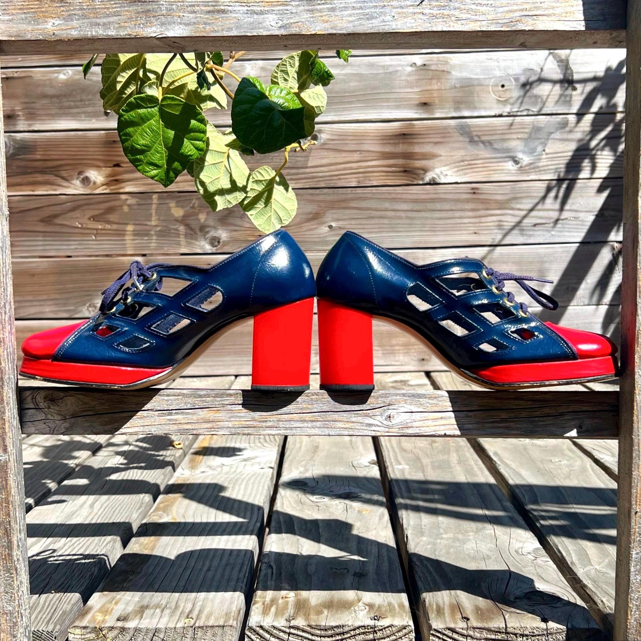 1970s Sears Mod Cutout Colorblock Platform Spectator Block Heels - Etsy