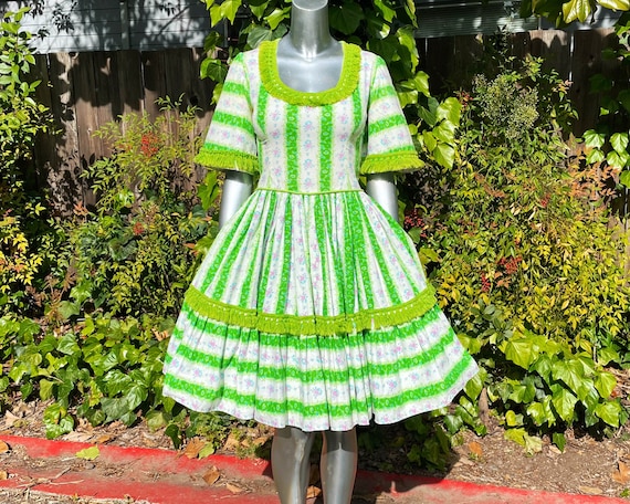 1960s Hand Sewn Floral Fringe Square Dancing Dress 