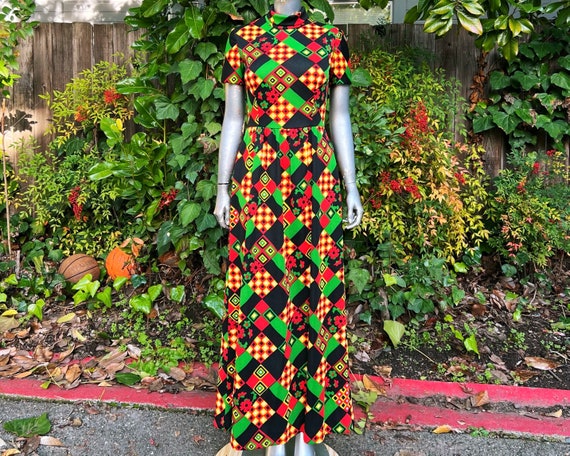 1970s Hand Sewn Mockneck Flower Power Maxi Dress - image 1