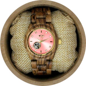 Reloj automático grabado de Zebrawood para mujer con esfera dorada y marcadores, reloj automático de madera W116 imagen 2